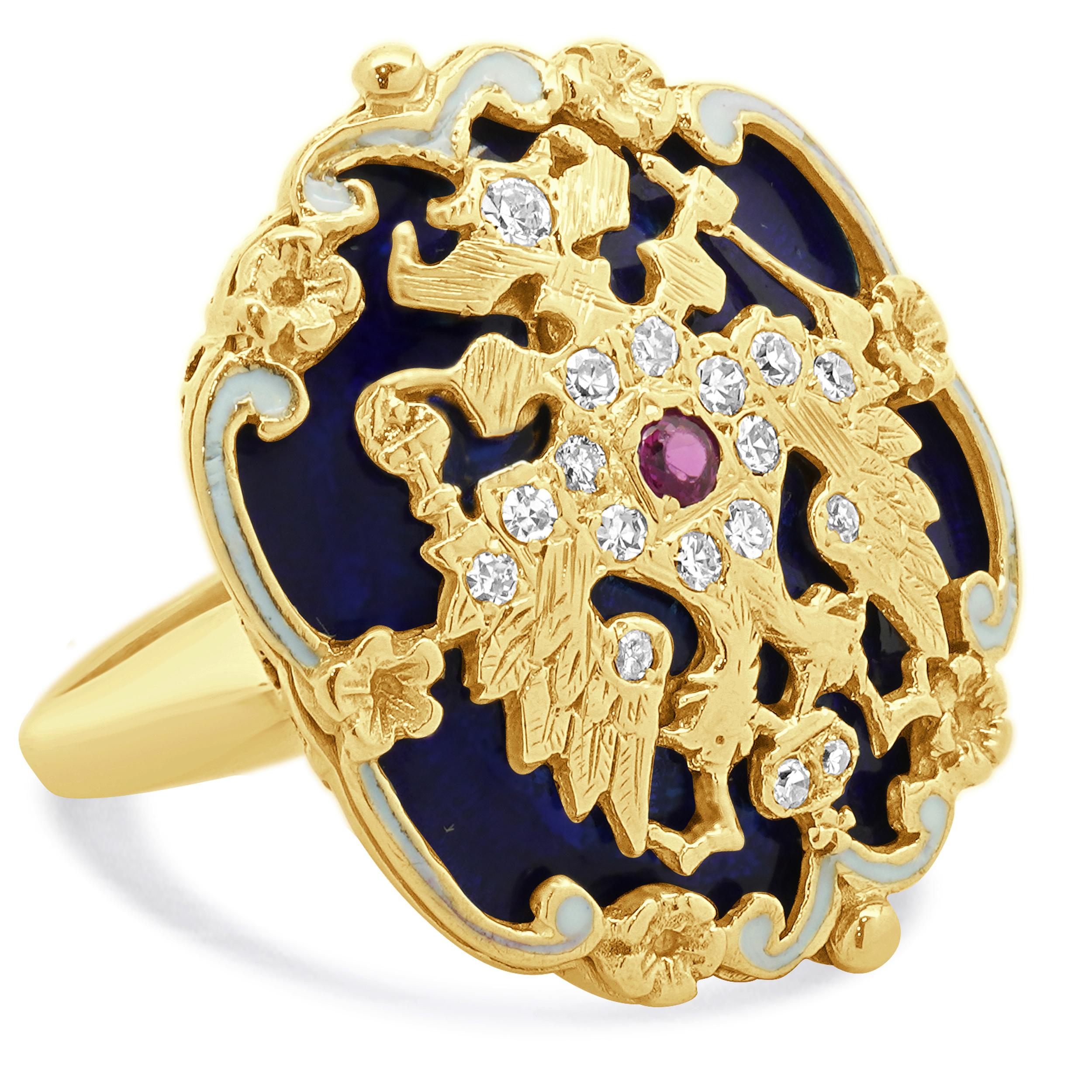 Taille brillant Bague en or jaune 14 carats, diamant et émail, aigle impérial russe en vente
