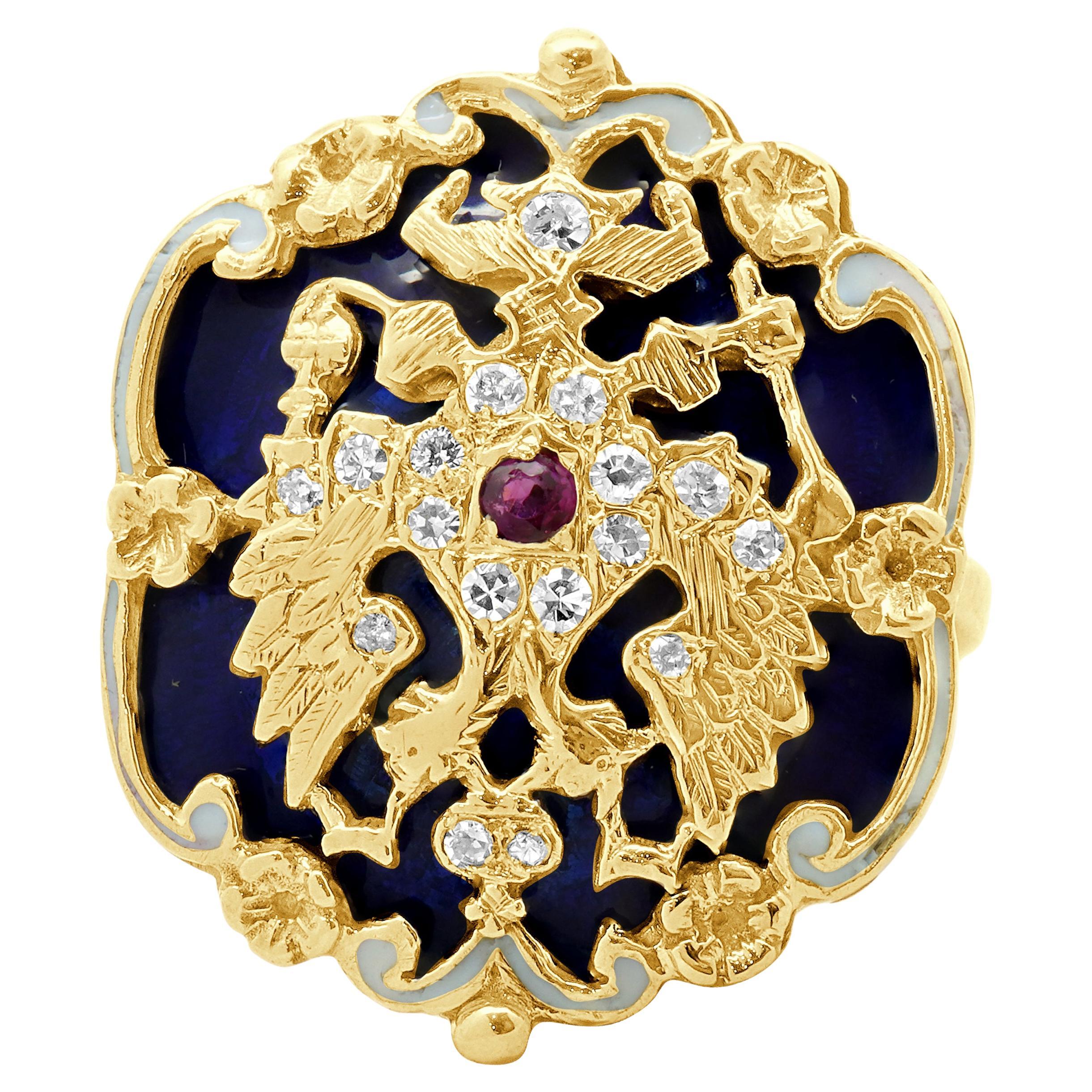 Bague en or jaune 14 carats, diamant et émail, aigle impérial russe en vente