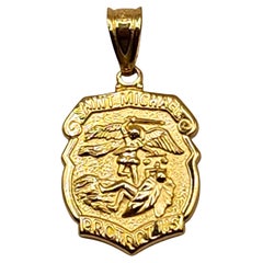 14 Karat Yellow Gold Saint Michael Protect Us Badge Pendant #19991