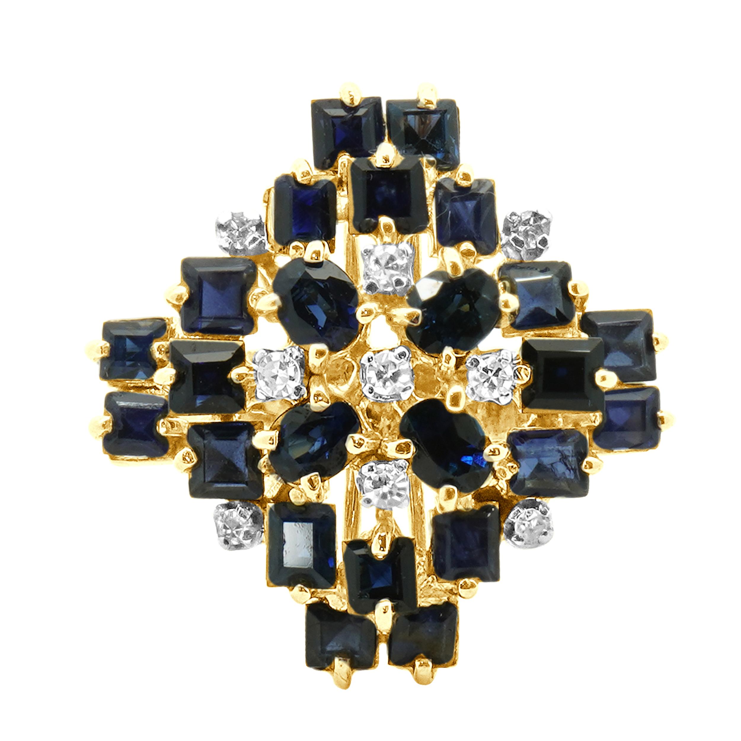 Bague de cocktail en or jaune 14 carats avec saphir et diamant