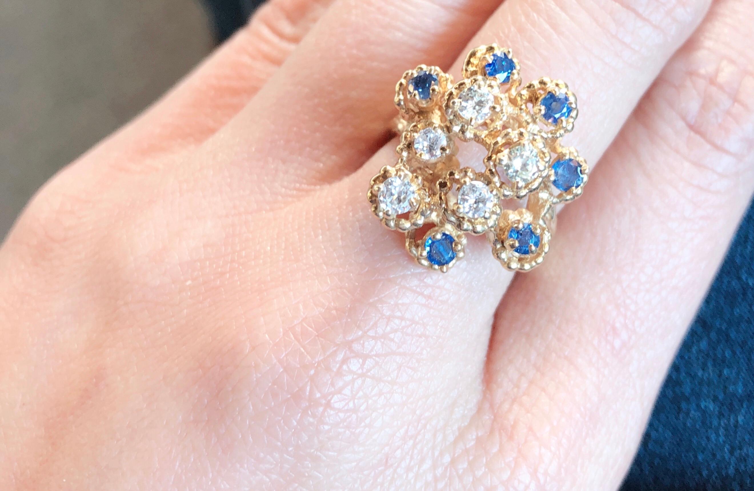 14 Karat Yellow Gold Sapphire and Diamond Cluster Ring For Sale 3