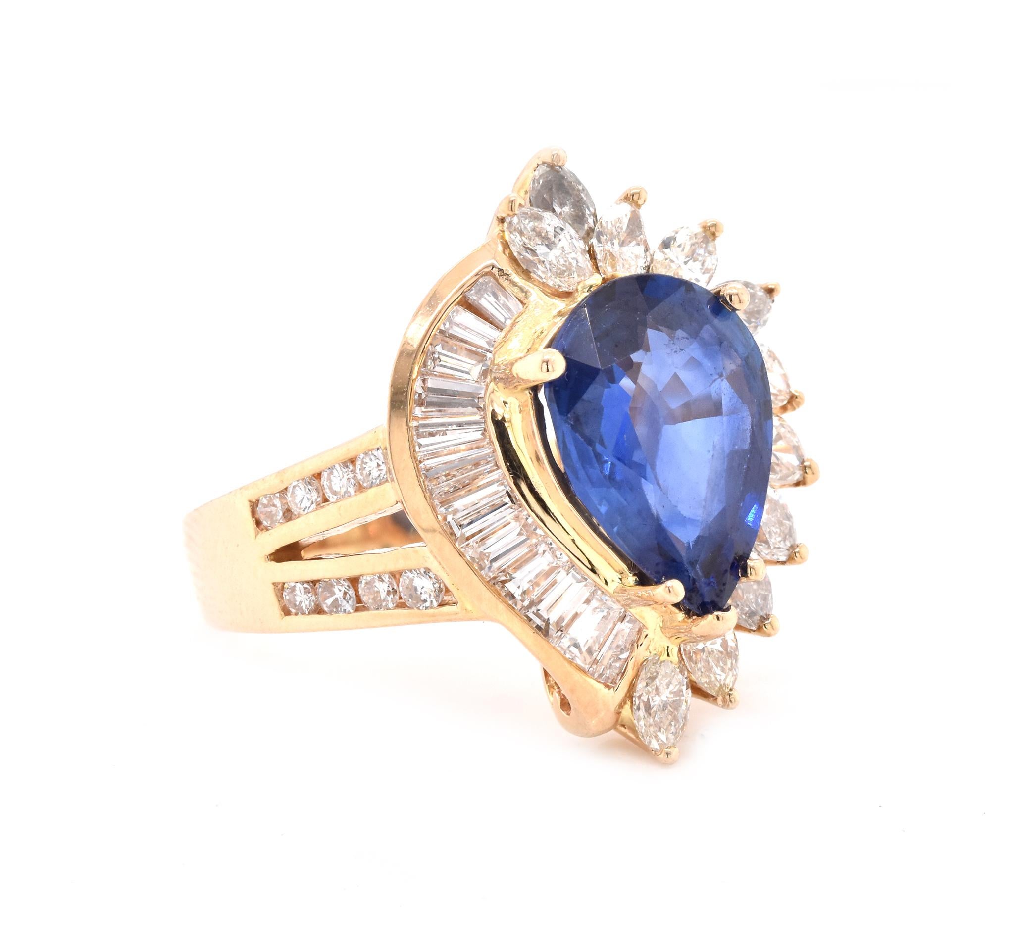 Material: 14K yellow gold 
Diamond: 39 round, baguette, and marquise cut = 1.13cttw
Color: J-M
Clarity: SI1
Sapphire: 1 pear cut = 3.30ct
Ring Size: 6 (please allow up to 2 additional business days for sizing requests)
Dimensions: ring top measures