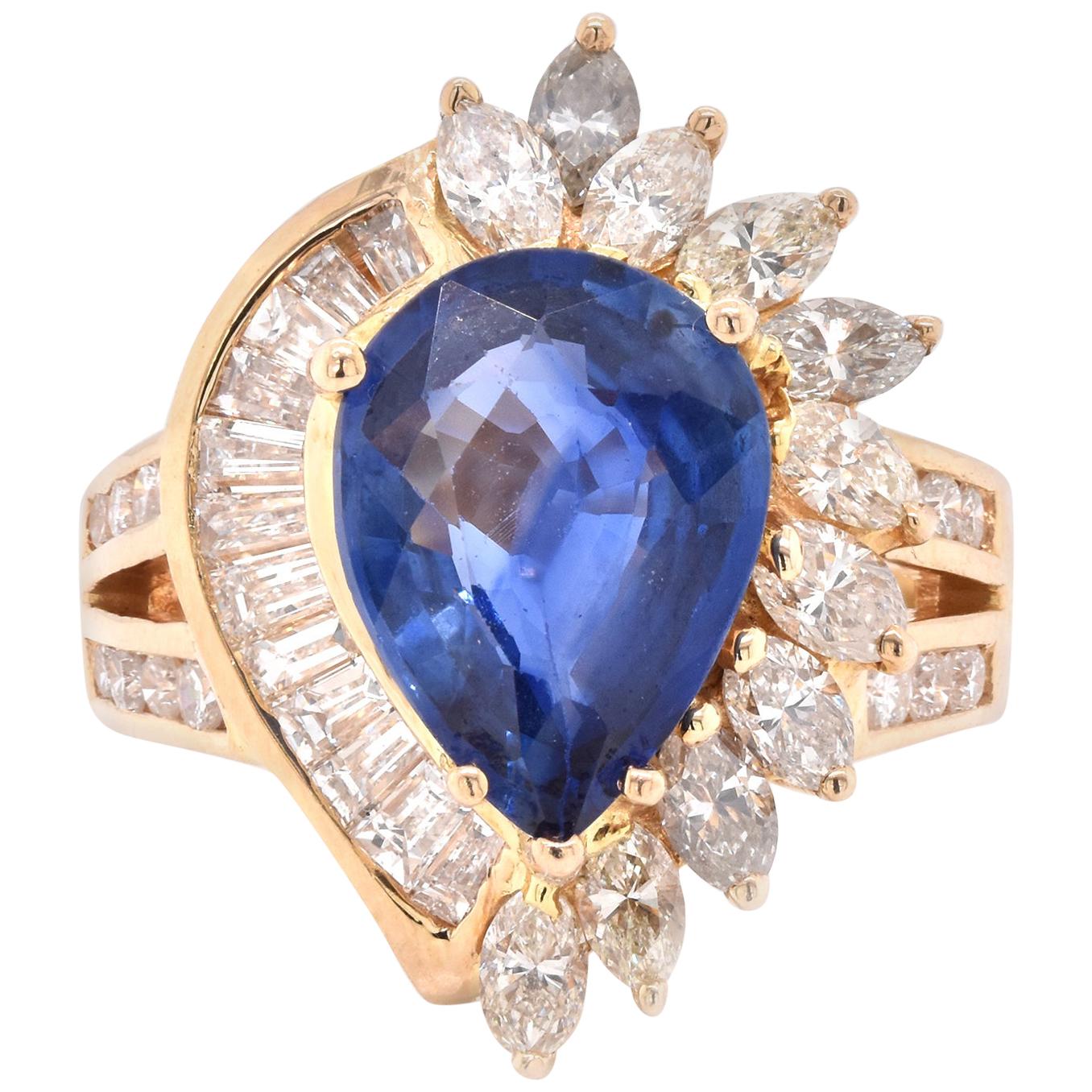 14 Karat Yellow Gold Sapphire and Diamond Cocktail Ring For Sale