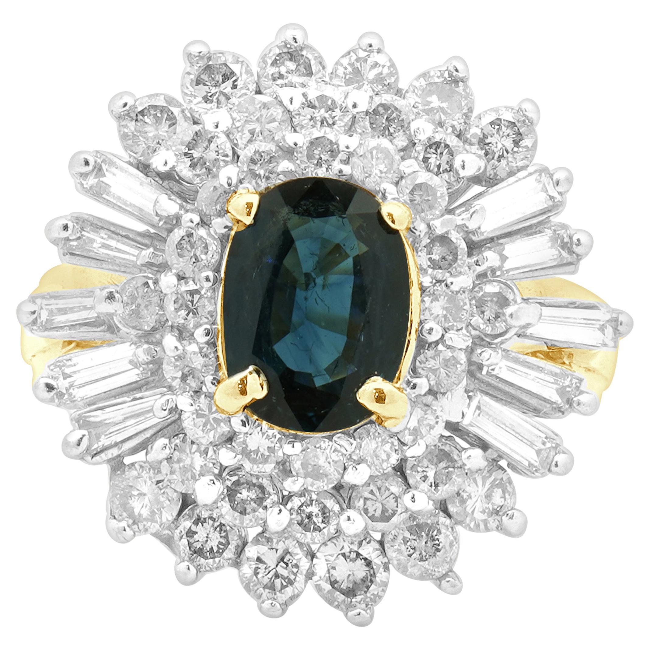 Anello da cocktail con zaffiro e diamante in oro giallo 14 carati