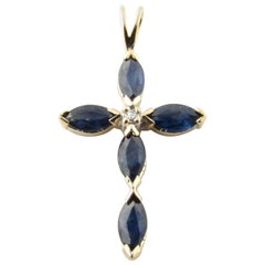 Vintage 14 Karat Yellow Gold Sapphire and Diamond Cross Pendant
