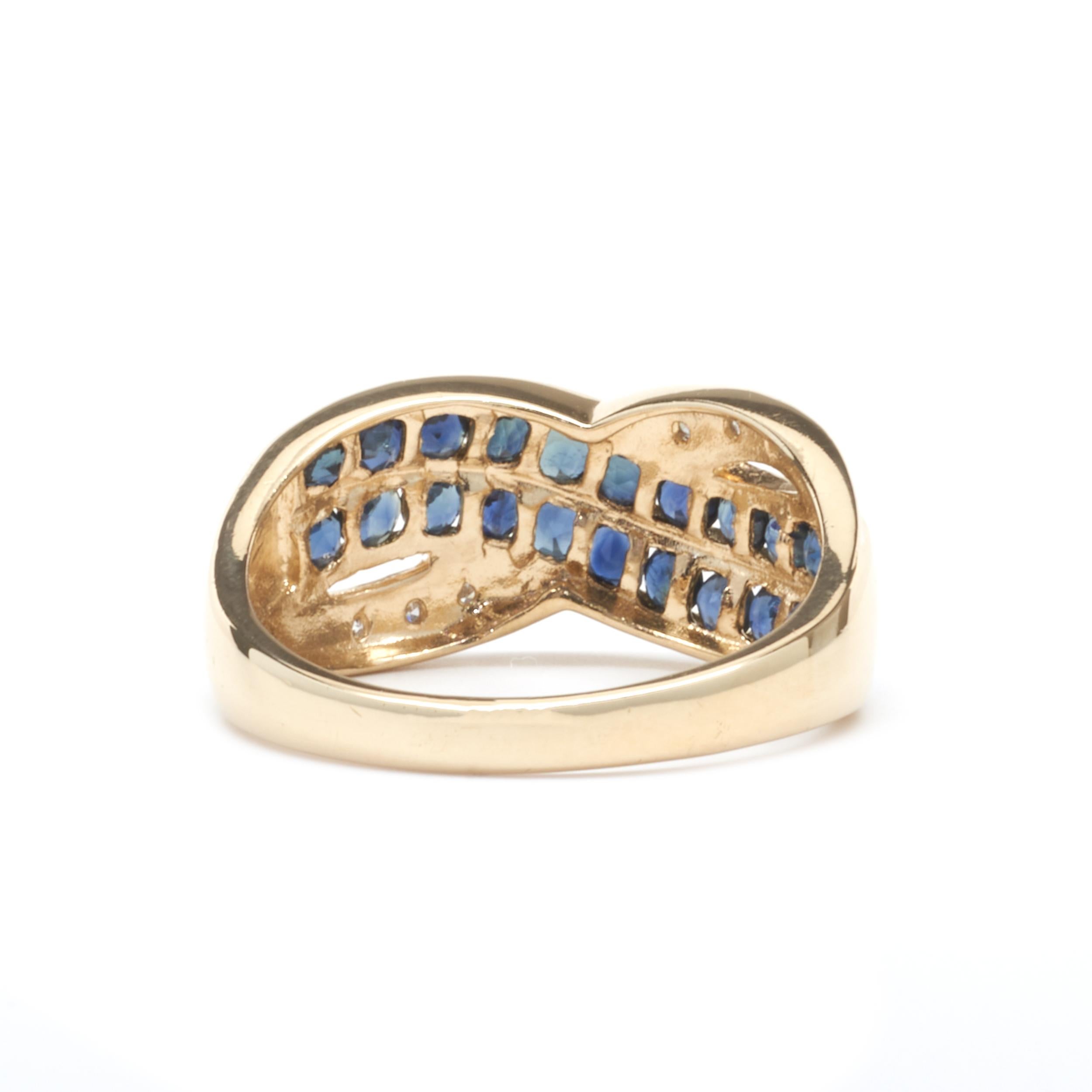 14 Karat Yellow Gold Sapphire and Diamond Crossover Ring In Excellent Condition For Sale In Scottsdale, AZ