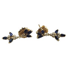 14 Karat Yellow Gold Natural Sapphire and Diamond Dangle Earrings