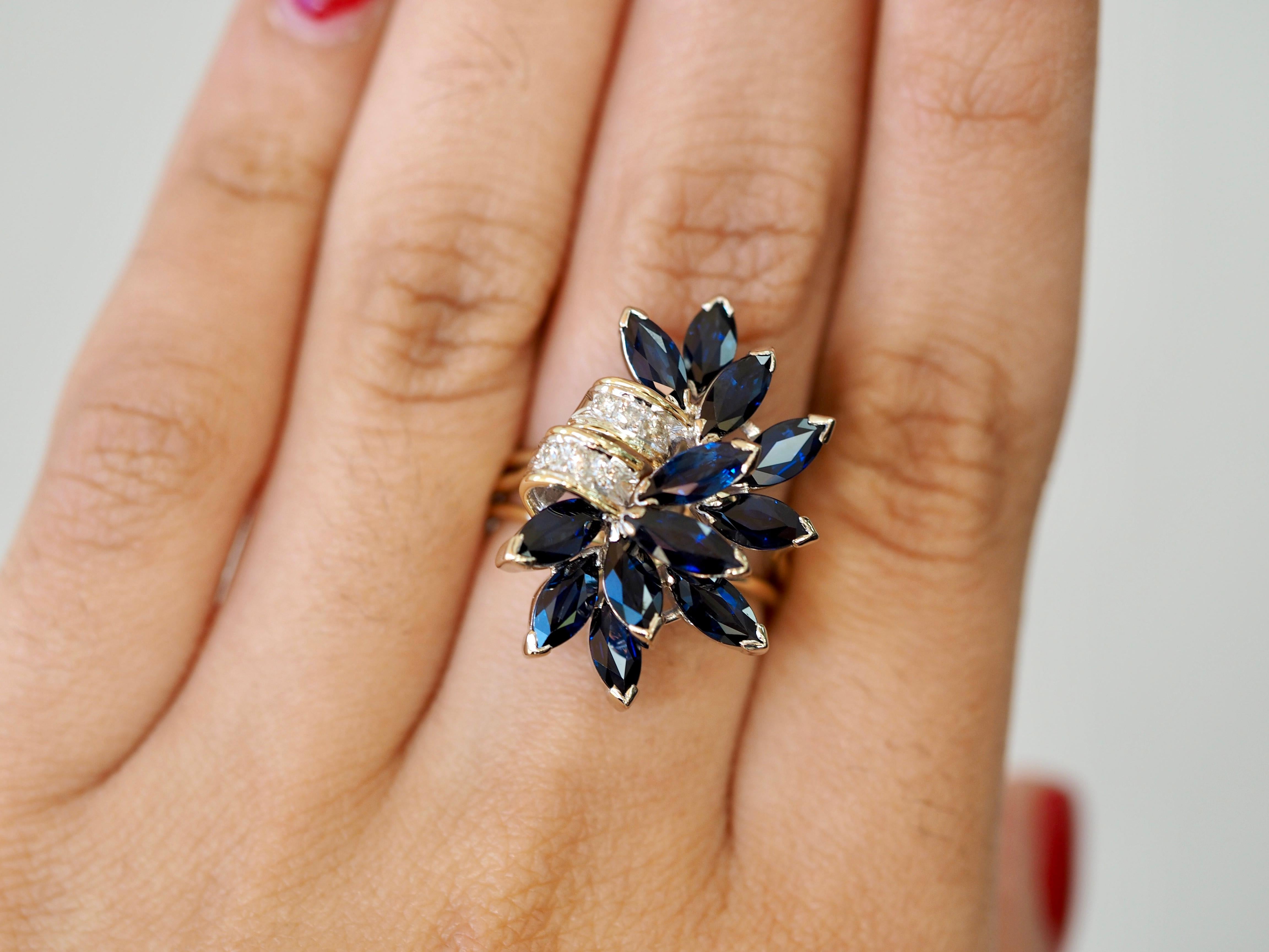 14 Karat Yellow Gold Sapphire and Diamond Flower Cocktail Ring  In Excellent Condition For Sale In Addison, TX