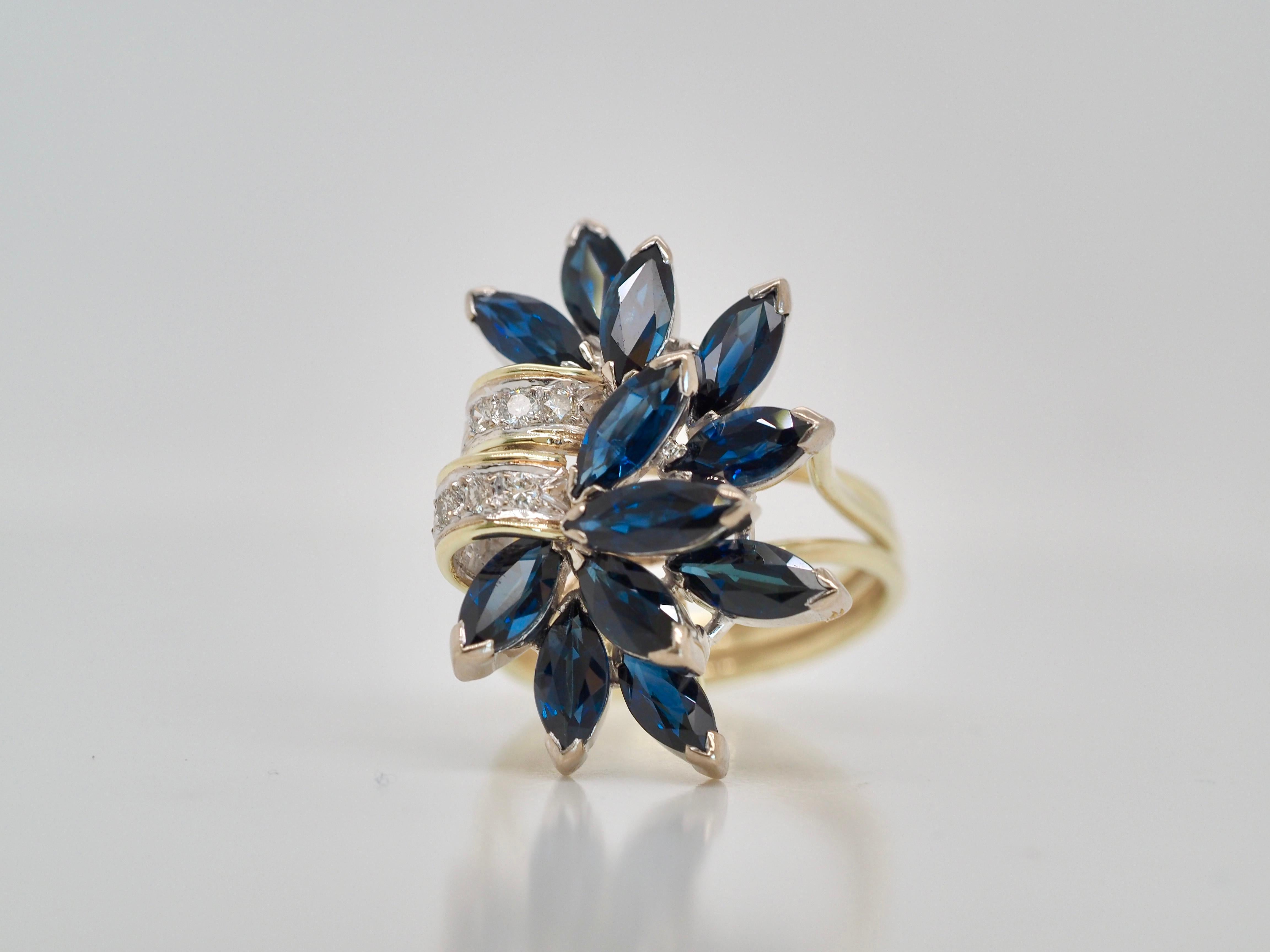 14 Karat Yellow Gold Sapphire and Diamond Flower Cocktail Ring  For Sale 1