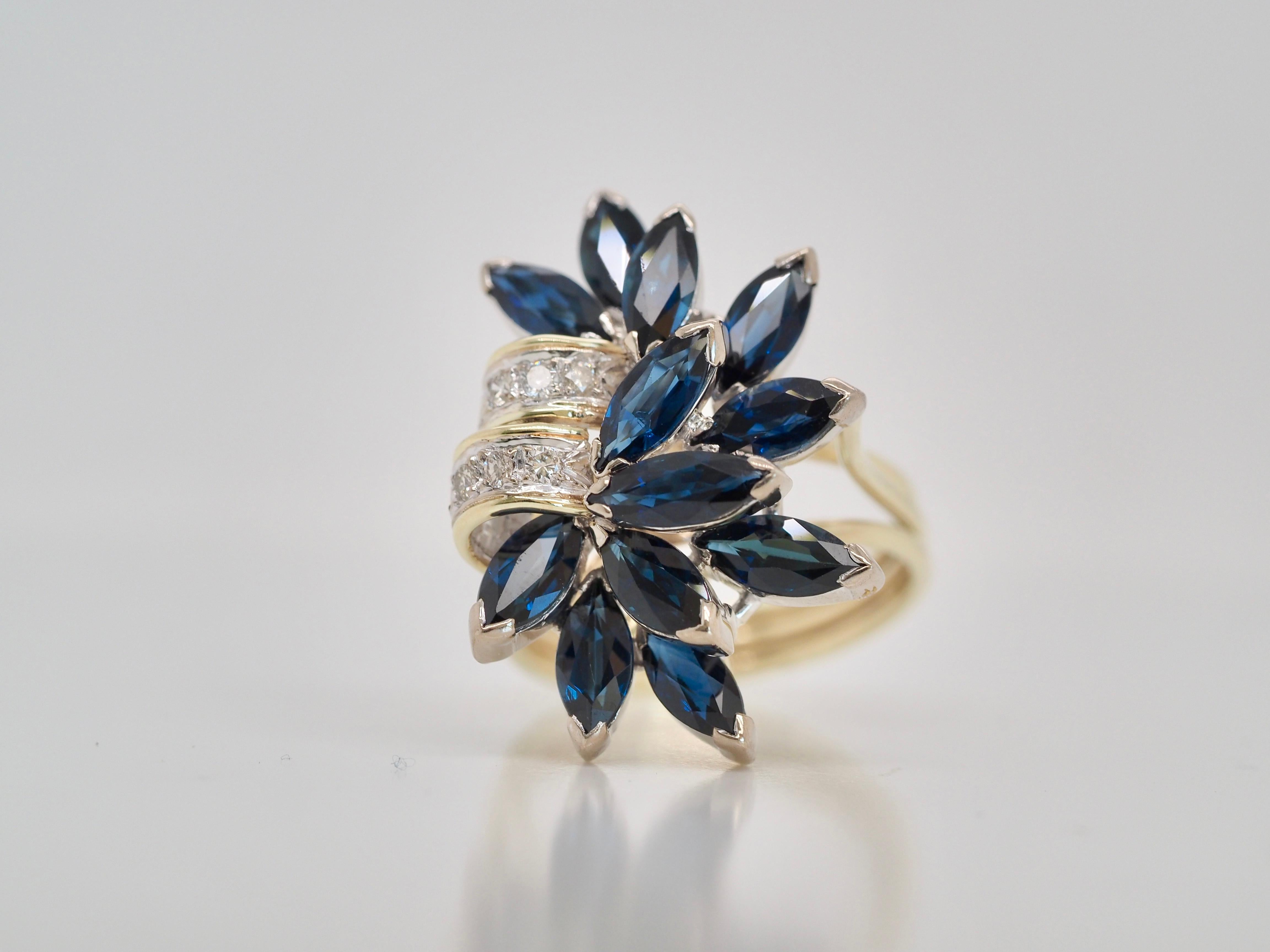14 Karat Yellow Gold Sapphire and Diamond Flower Cocktail Ring  For Sale 2