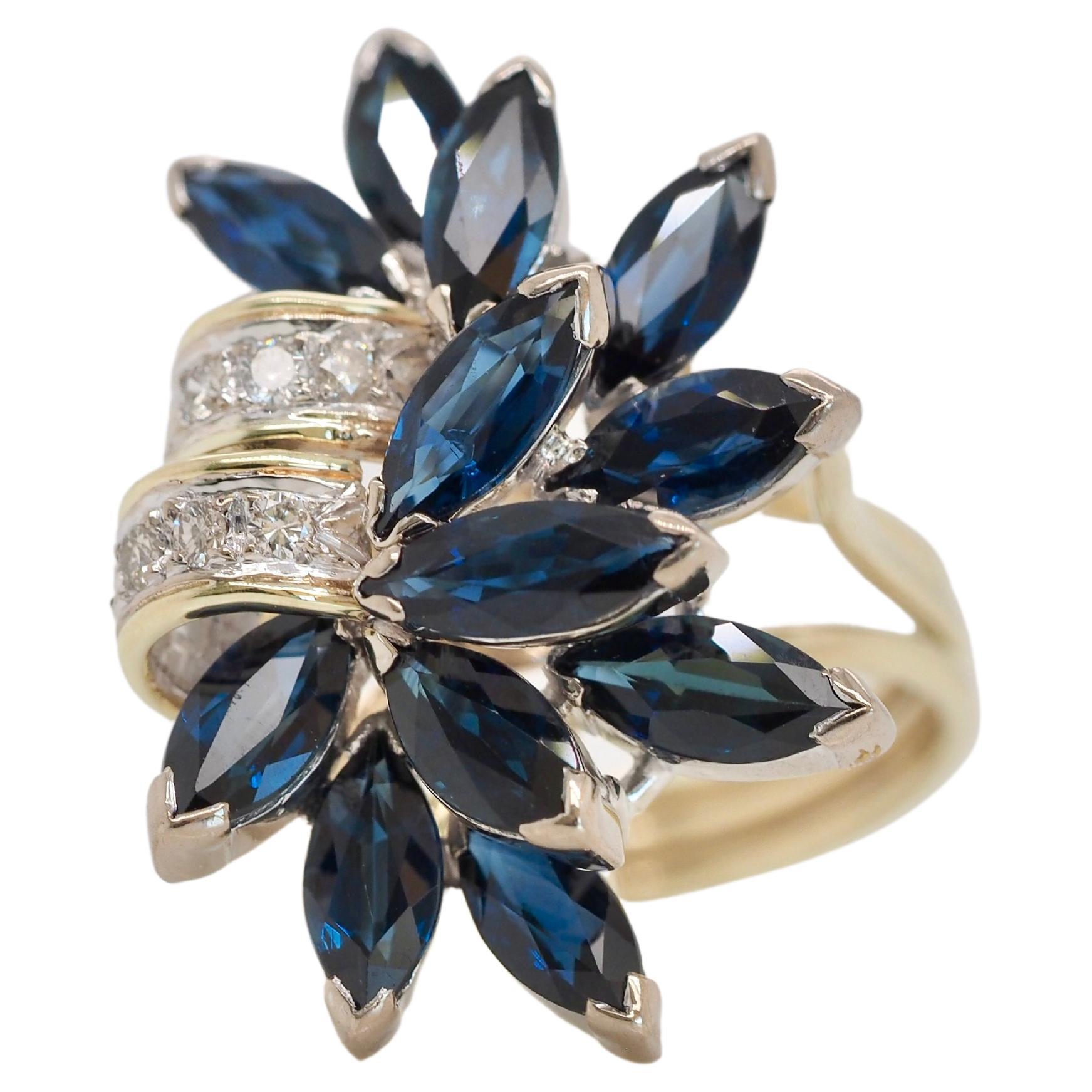 14 Karat Yellow Gold Sapphire and Diamond Flower Cocktail Ring  For Sale
