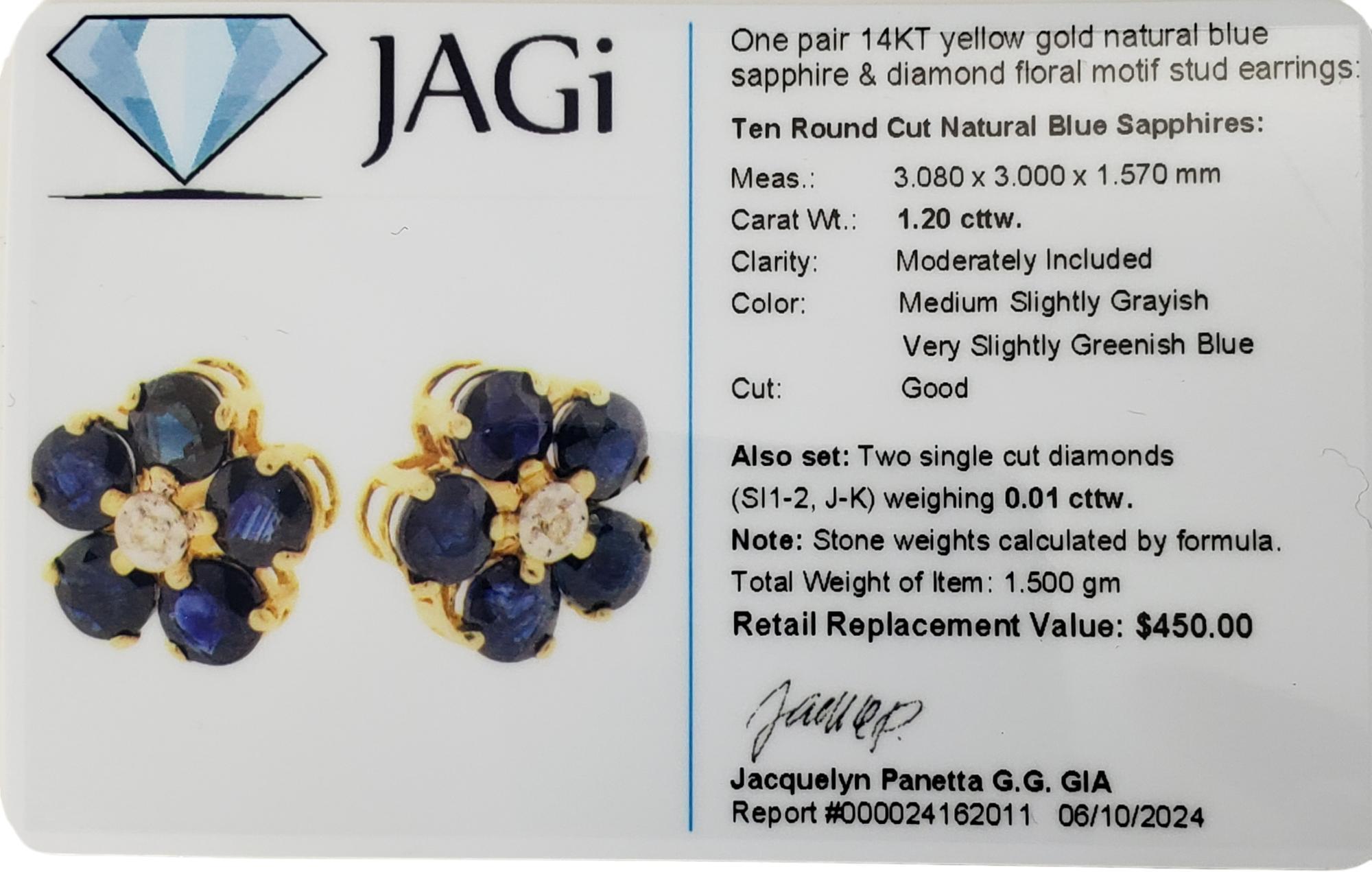 14 Karat Yellow Gold Sapphire and Diamond Flower Earrings  #17843 3