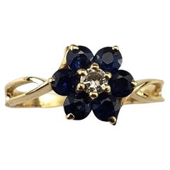 14 Karat Yellow Gold Sapphire and Diamond Flower Ring Size 5.5 #17146