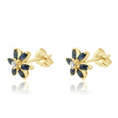 14 Karat Yellow Gold Sapphire and Diamond Flower Stud Earrings
