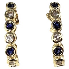 Vintage 14 Karat Yellow Gold Natural Sapphire and Diamond Half Hoop Earrings