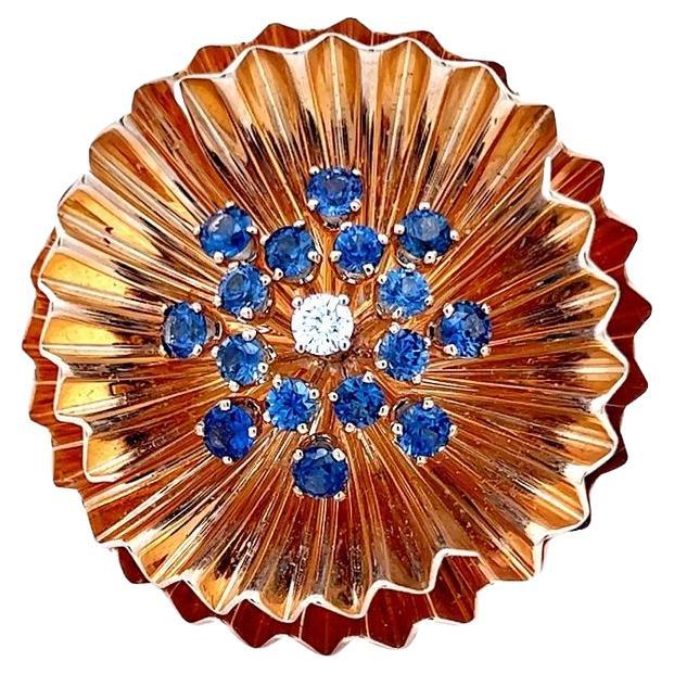 Diamond and Sapphire Yellow Gold Retro Brooch For Sale