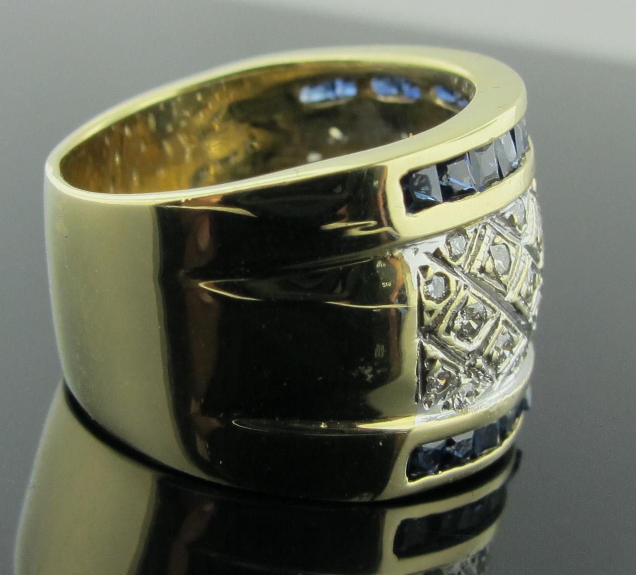 Women's or Men's 14 Karat Yellow Gold Sapphire and Diamond Ring