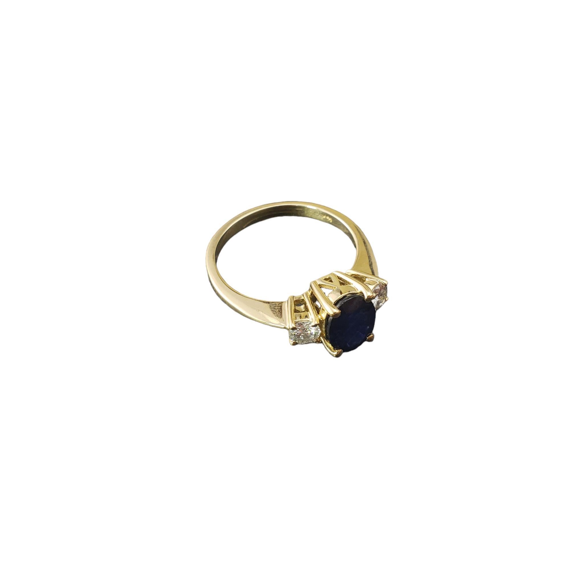 14 Karat Yellow Gold Sapphire and Diamond Ring Size 9.5 JAGi Certified-

This lovely ring features one oval cut natural blue sapphire (9.0 mm x 6.9 mm) and two round brilliant cut diamonds set in classic 14K gold. 

 Shank: 2 mm.

Sapphire weight: