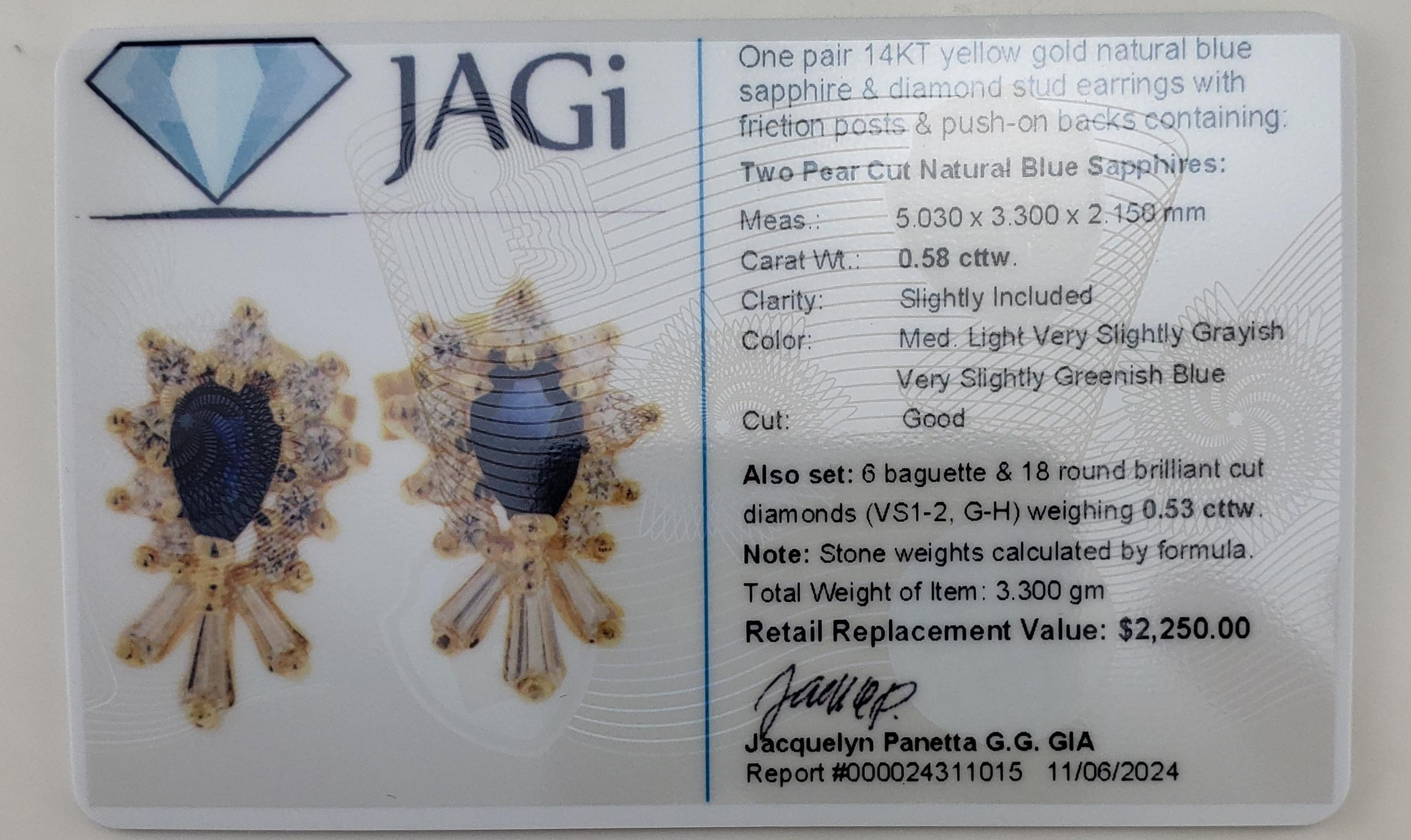 14 Karat Yellow Gold Sapphire and Diamond Stud Earrings  #19737 For Sale 1