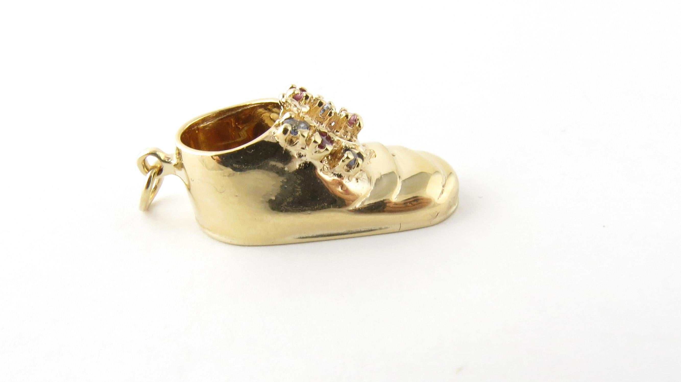 Sapphire and Ruby Baby Shoe Charm

Commemorate baby's first steps!

This 3D charm features a miniature baby shoe accented with three red rubies and three blue sapphires. Meticulously detailed in 14K yellow gold.

Size: 25 mm x 11 mm

Weight: 3.7