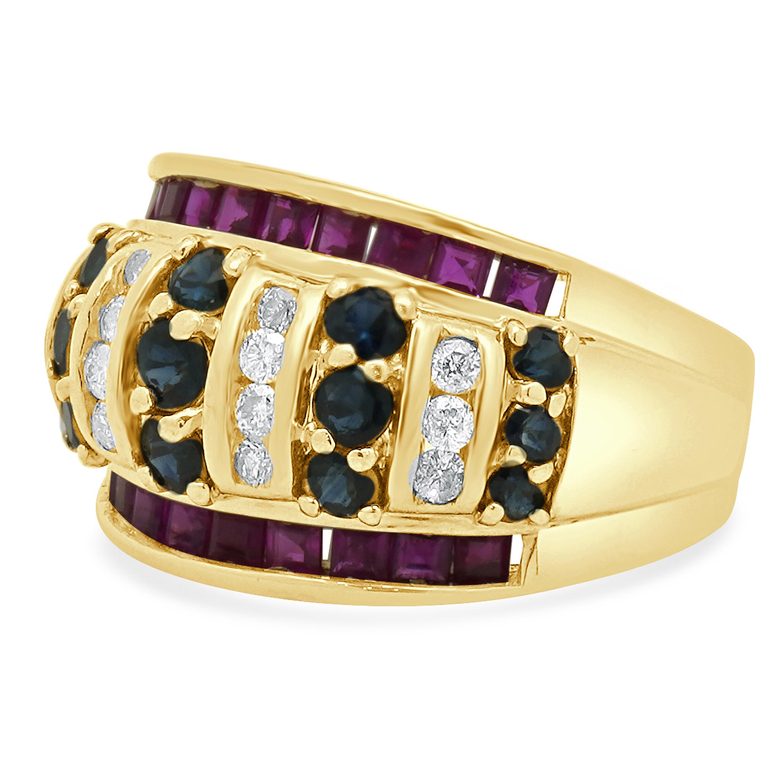 Material: 14K yellow gold
Diamond: round brilliant cut = 0.25cttw
Color: H / I
Clarity: I3
Sapphire: round cut = 1.50cttw
Ruby: princess cut = 1.00cttw
Ring Size: 7 (please allow up to 2 additional business days for sizing requests)
Weight: 8.23