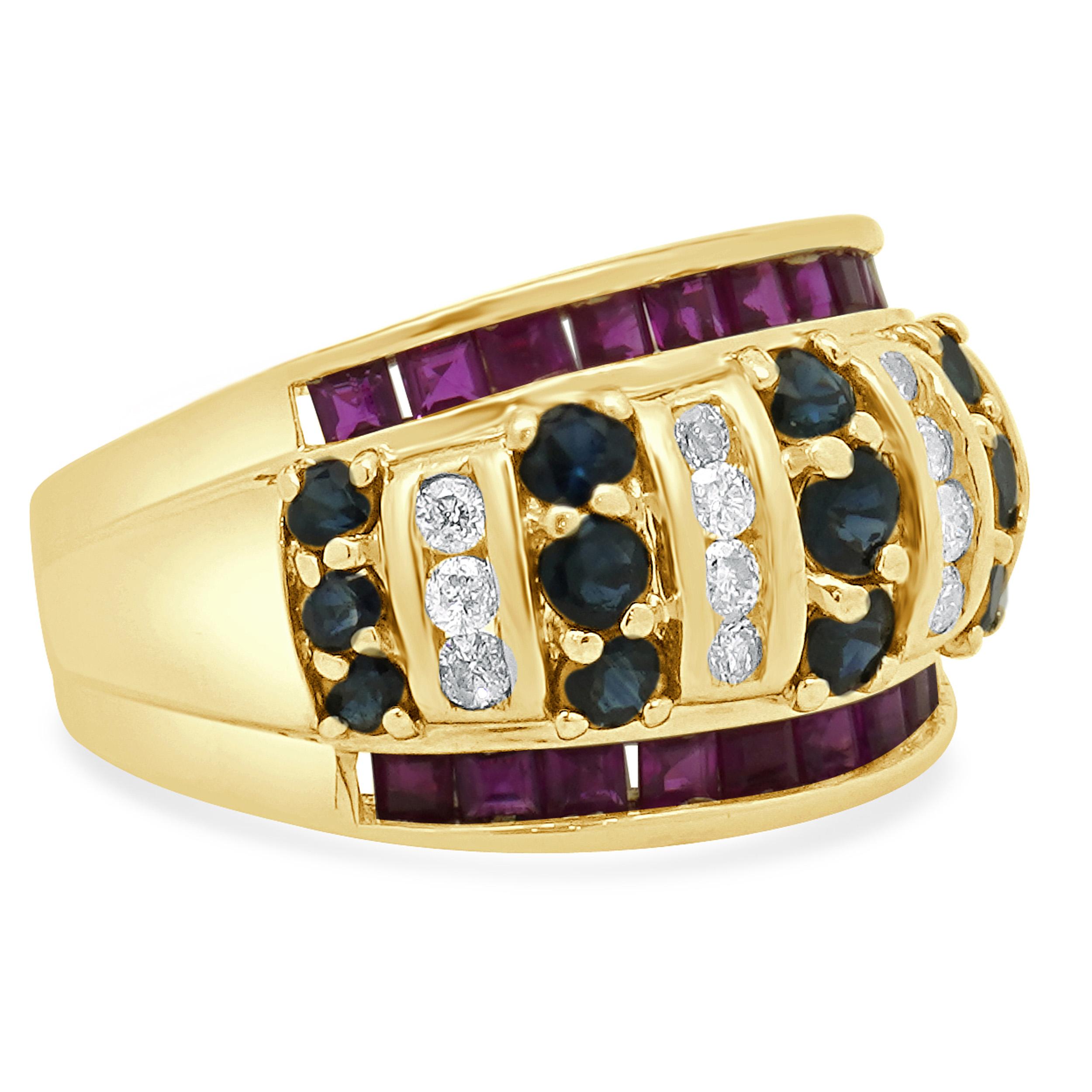 Round Cut 14 Karat Yellow Gold Sapphire, Diamond and Ruby Wide Ring For Sale
