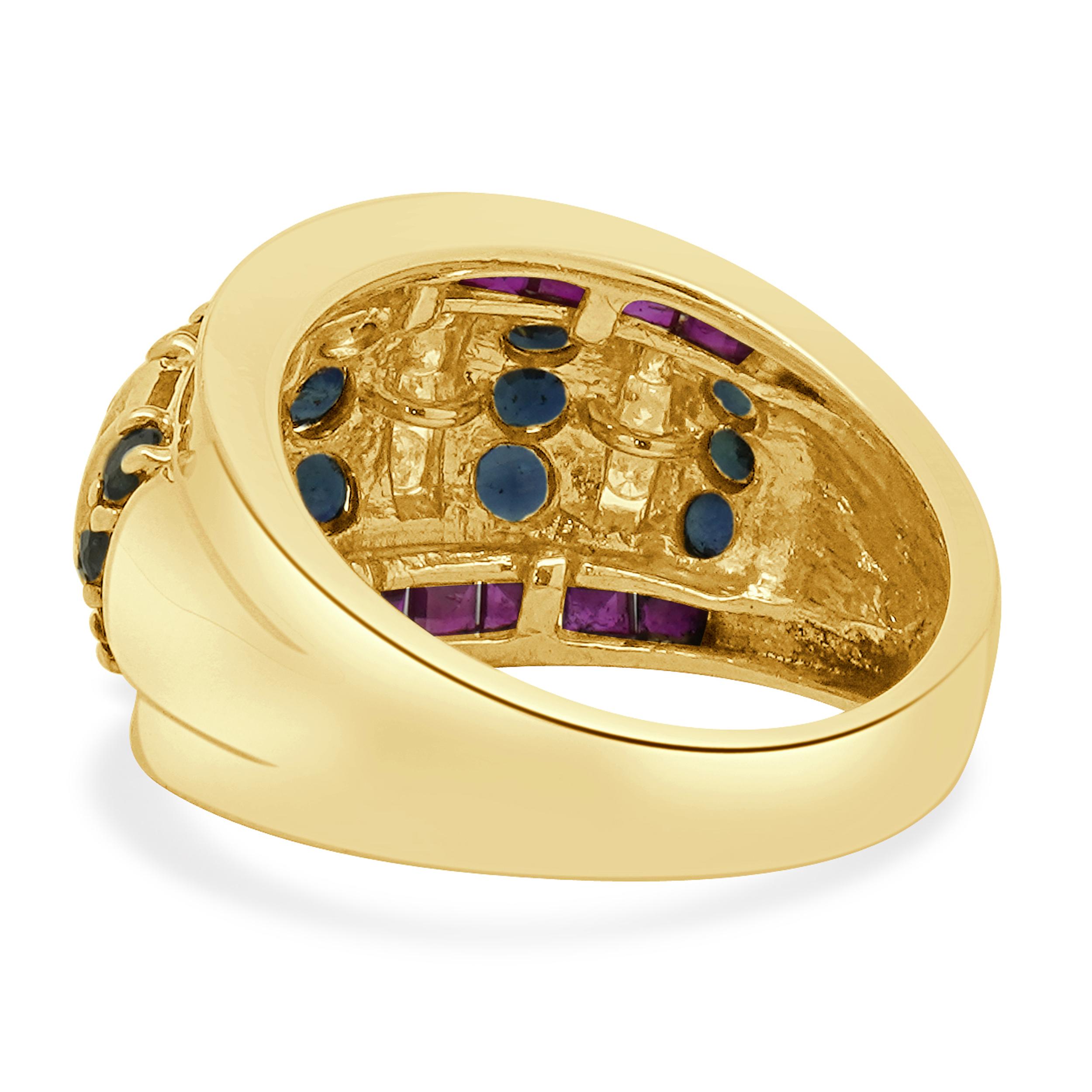 14 Karat Yellow Gold Sapphire, Diamond and Ruby Wide Ring In Excellent Condition For Sale In Scottsdale, AZ