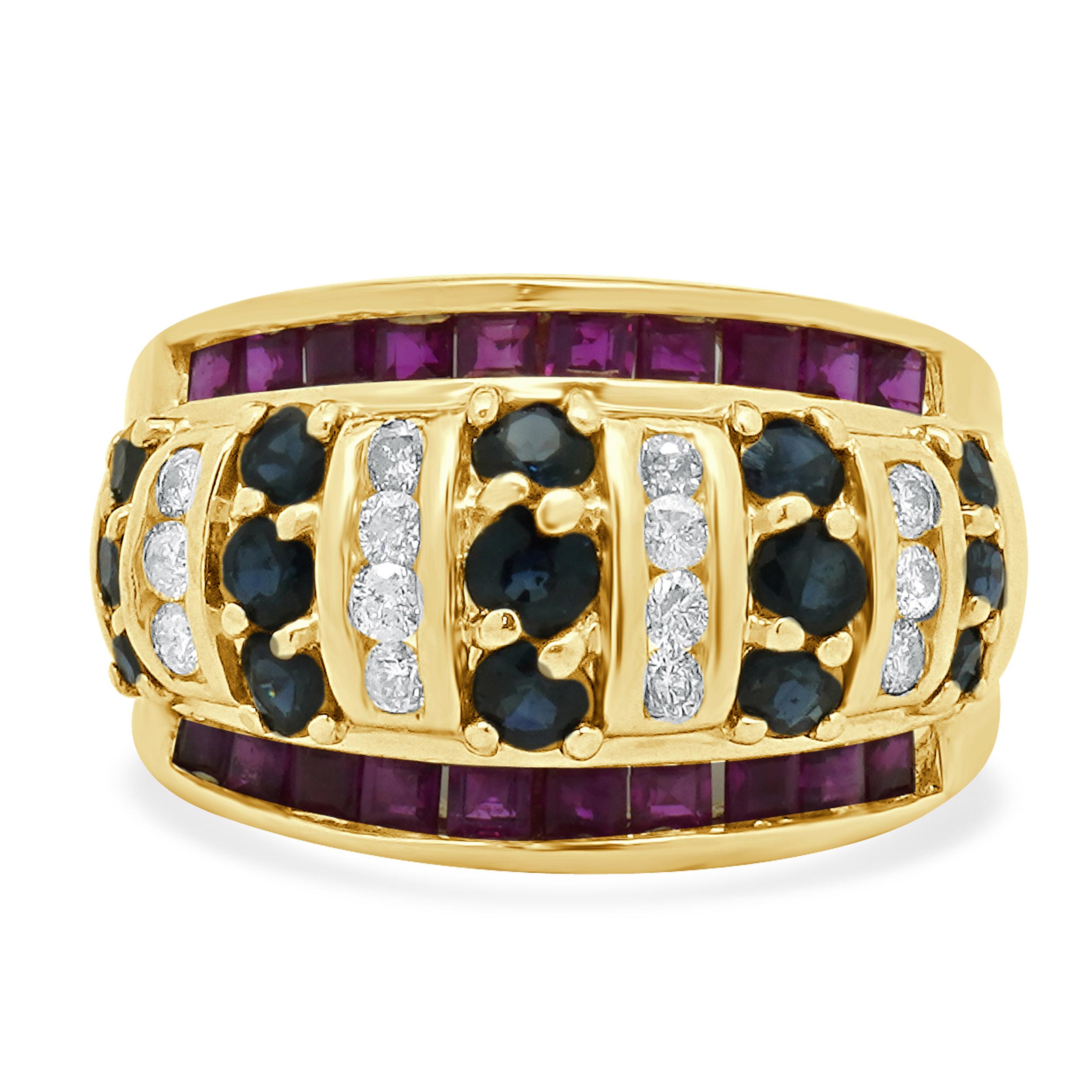 14 Karat Yellow Gold Sapphire, Diamond and Ruby Wide Ring