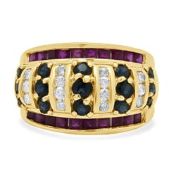 14 Karat Yellow Gold Sapphire, Diamond and Ruby Wide Ring