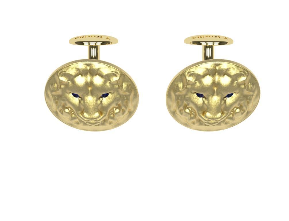 14K Yellow Gold Sapphire Lion Cufflinks. Tiffany Designer Thomas Kurilla created these for 1stdibs. The great lion. Ruler of the jungle, brave, and fearless. The best subject matter for guys. Who wants to see one of these live? The eyes are AA grade