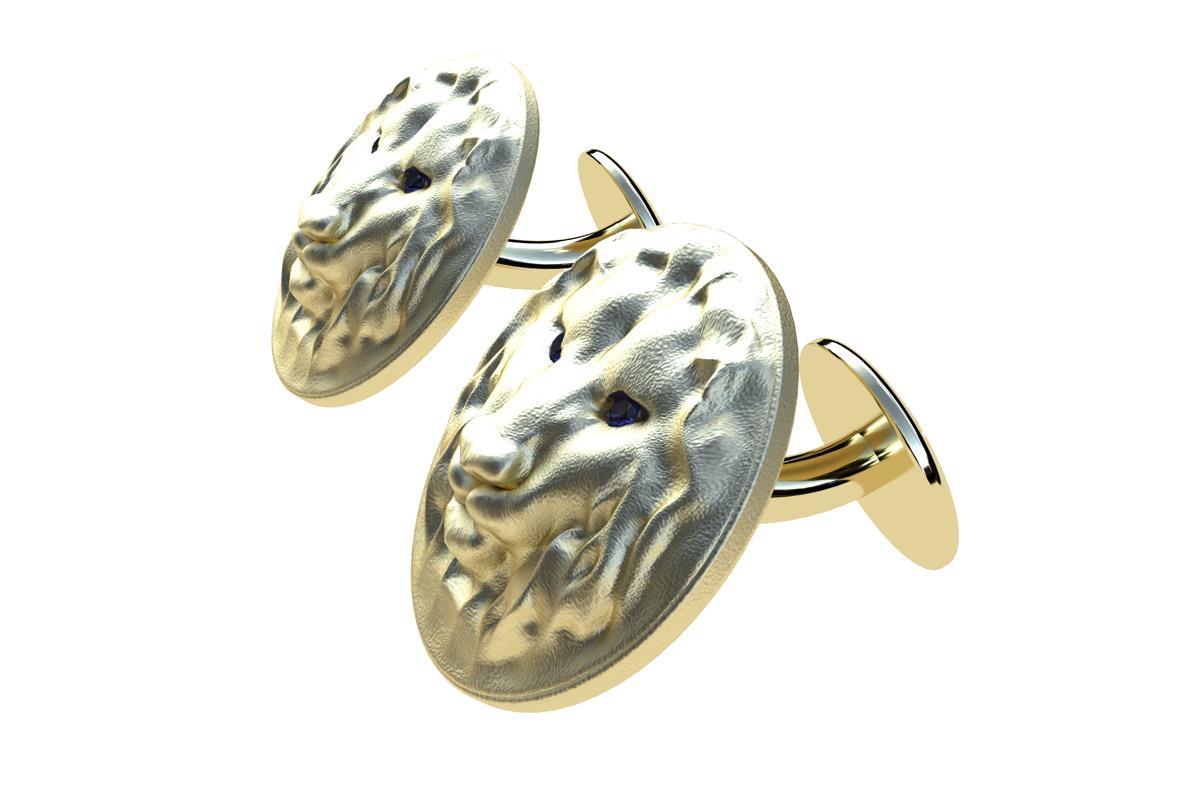 14 Karat Yellow Gold Sapphire Lion Cufflinks In New Condition For Sale In New York, NY