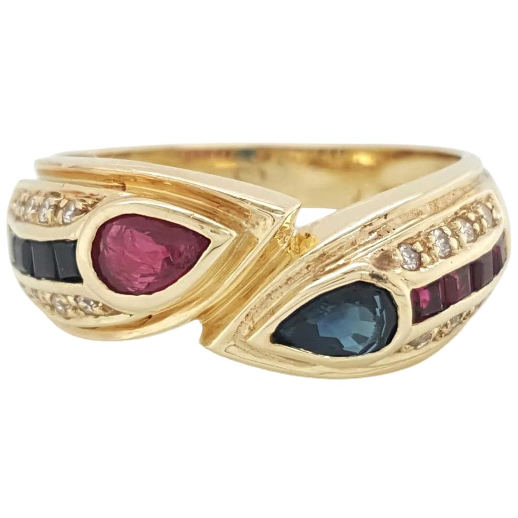 14 Karat Yellow Gold Sapphire Ruby and Diamond Band Ring