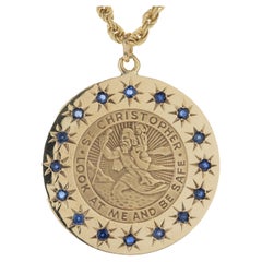 14 Karat Yellow Gold Sapphire Saint Christopher Medallion Necklace