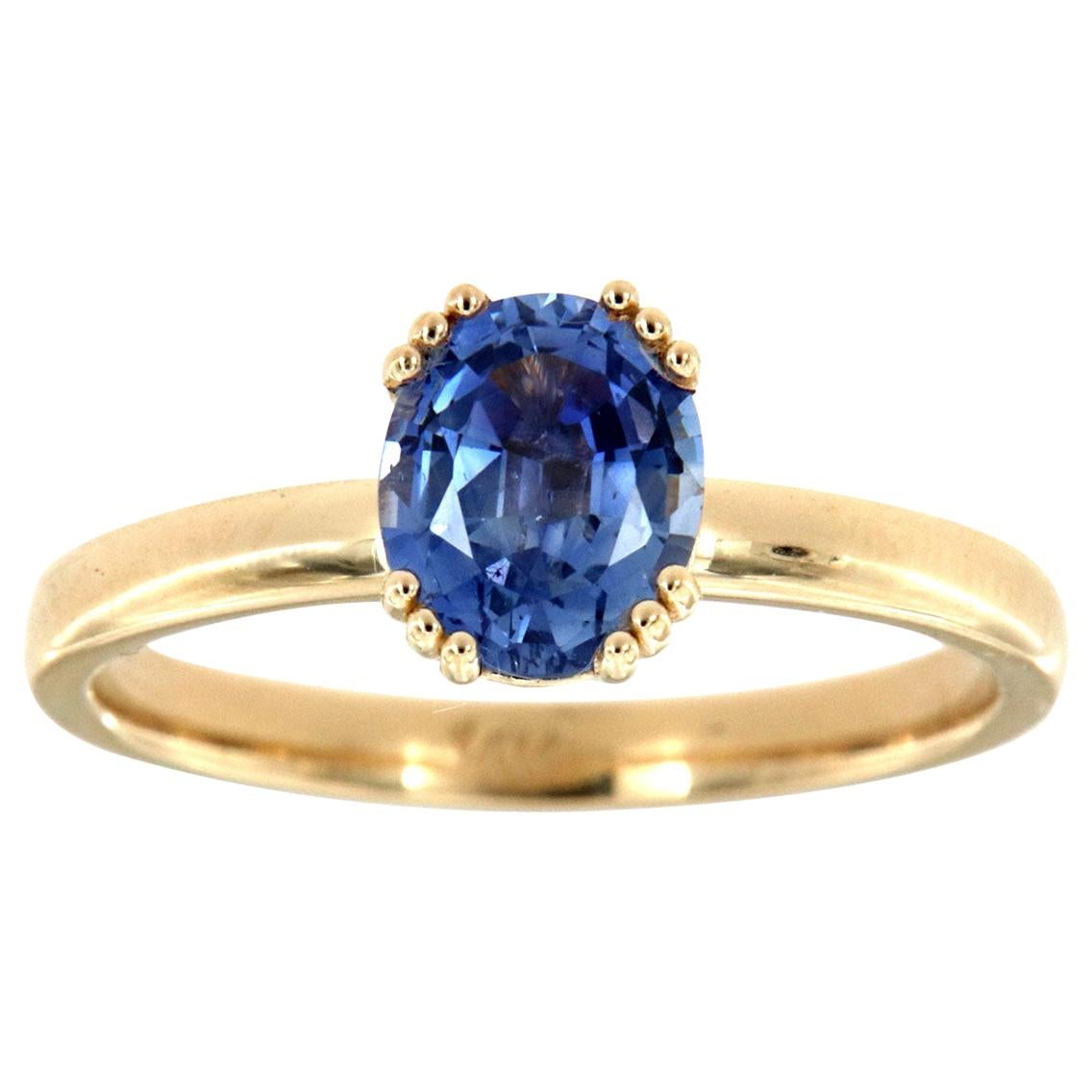 14 Karat Yellow Gold Sari Oval Blue Natural Sapphire Ring Center, 1.48 Carat For Sale