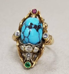 14 Karat Yellow Gold "Scarab" Bug Turquoise Ring