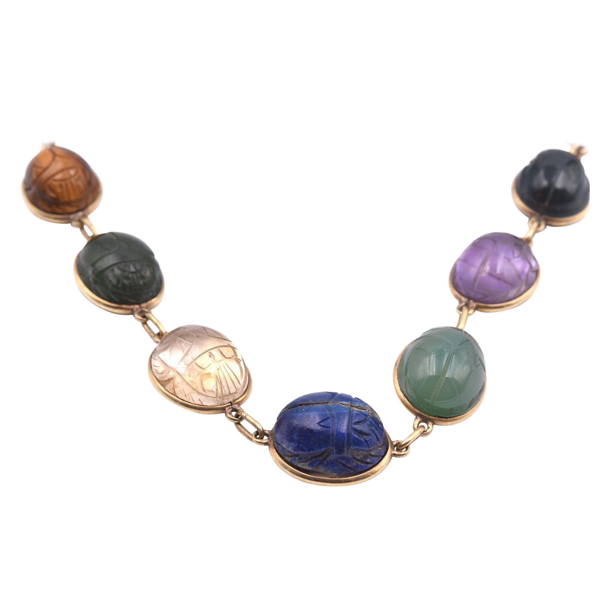 14 Karat Yellow Gold Scarab Necklace with Semi-Precious Stones