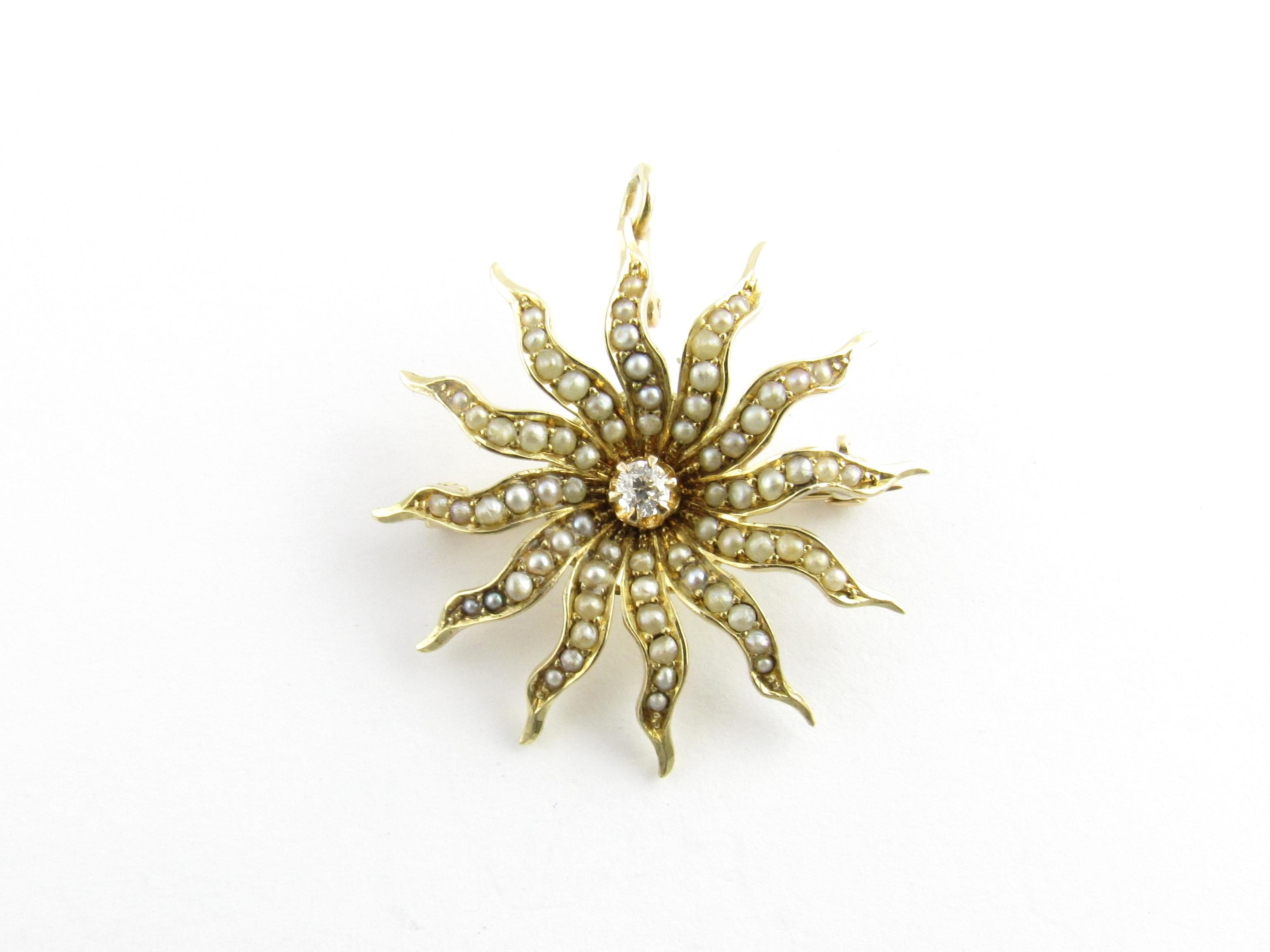 Vintage 14 Karat Yellow Gold Seed Pearl and Diamond Brooch/Pendant

This elegant brooch features 72 seed pearls and one round European cut diamond set in a lovely floral design. Can be worn as a brooch or a pendant.

Approximate total diamond