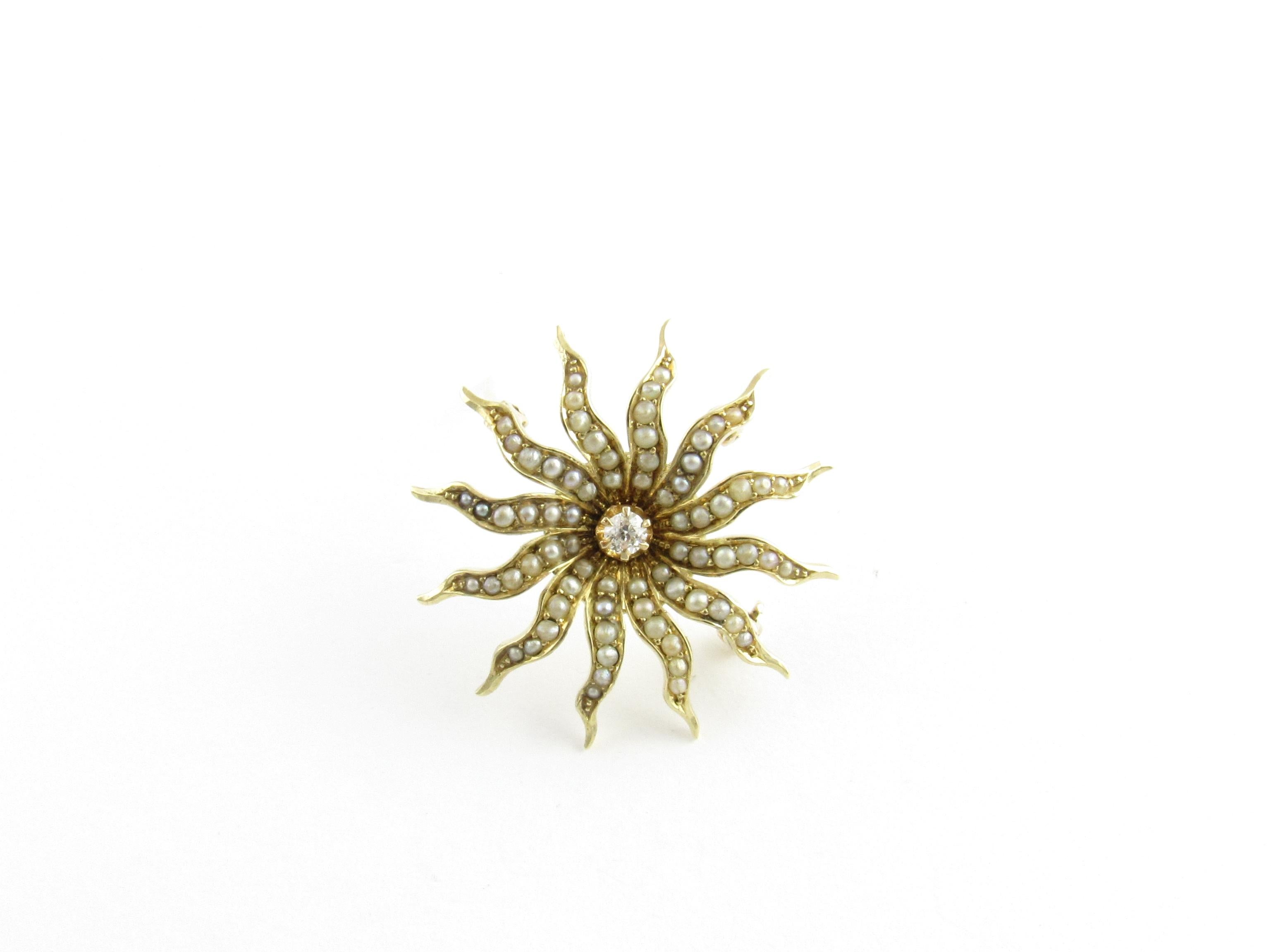14 Karat Yellow Gold Seed Pearl and Diamond Pendant / Brooch 1