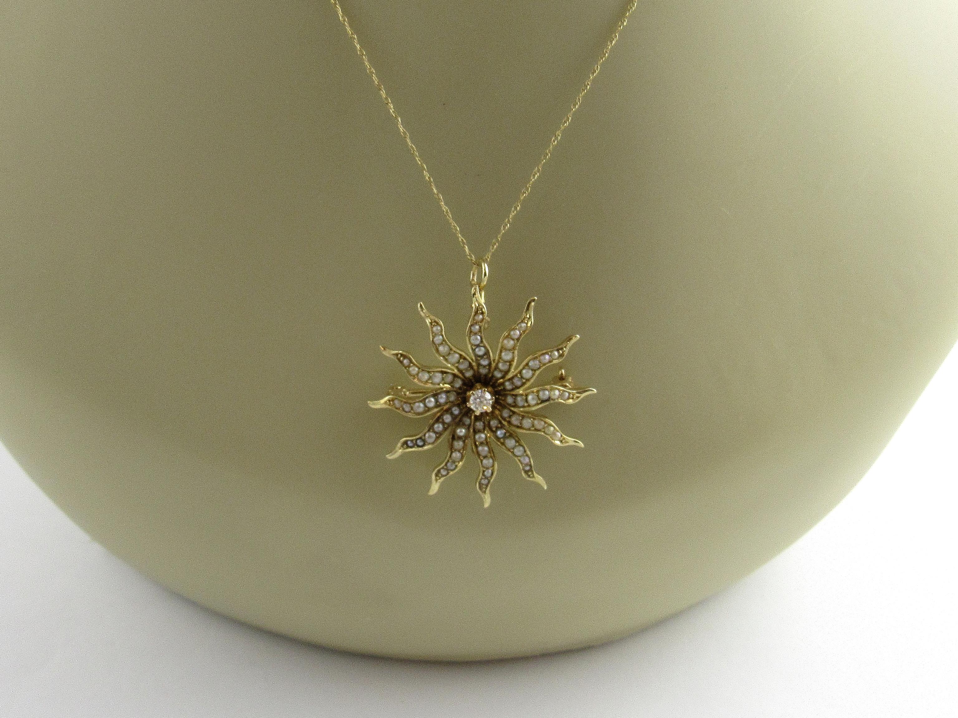 14 Karat Yellow Gold Seed Pearl and Diamond Pendant / Brooch 2