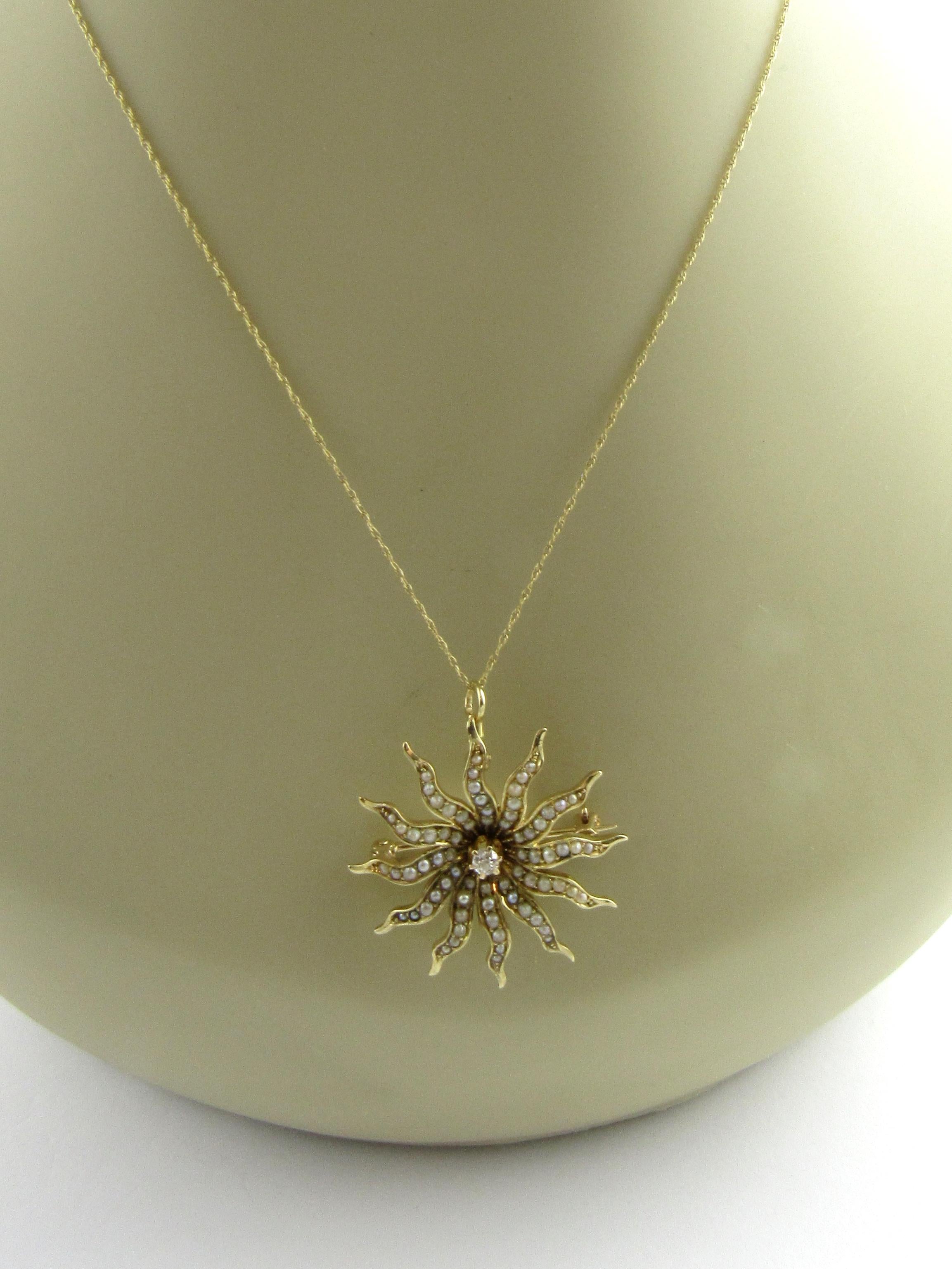 14 Karat Yellow Gold Seed Pearl and Diamond Pendant / Brooch 3