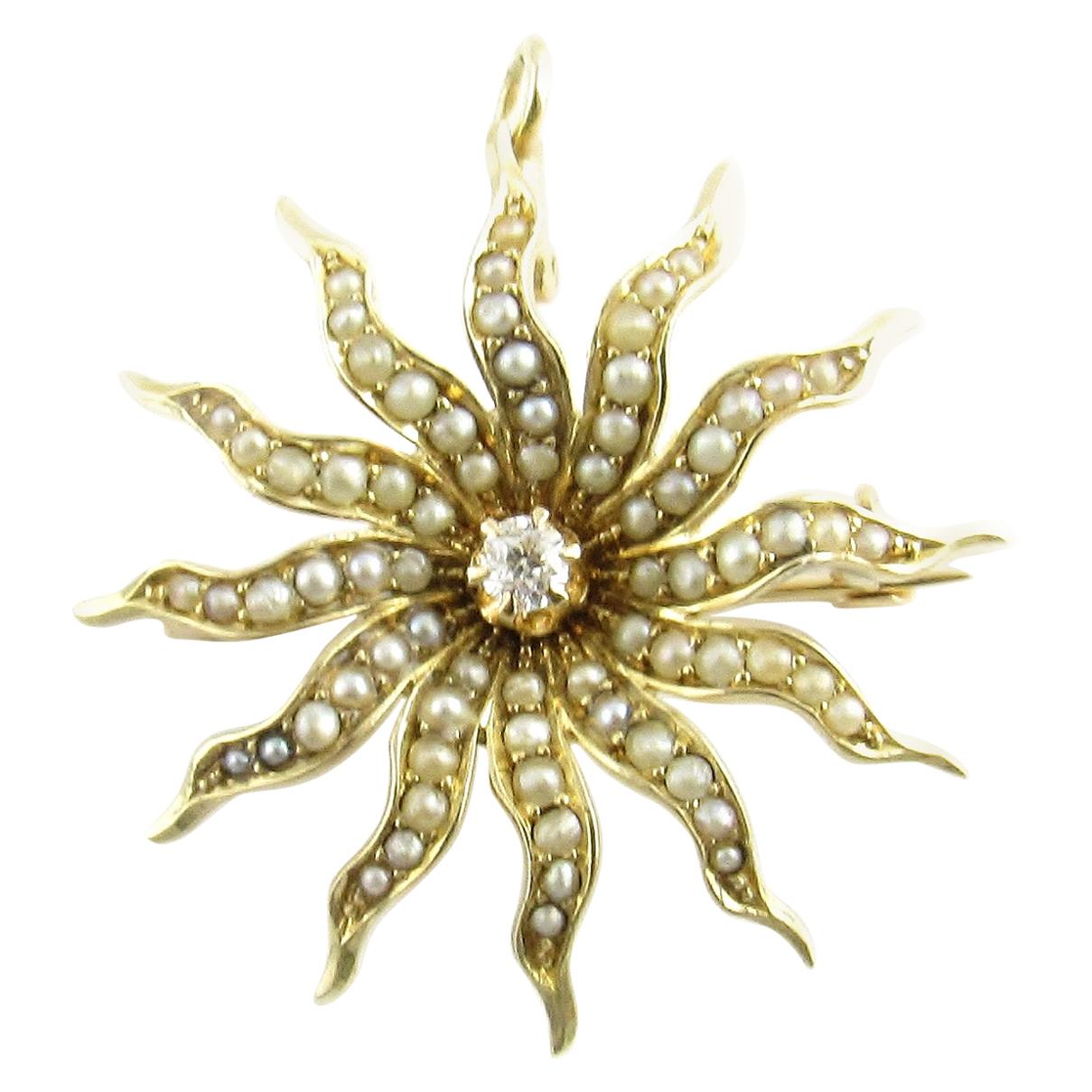 14 Karat Yellow Gold Seed Pearl and Diamond Pendant / Brooch