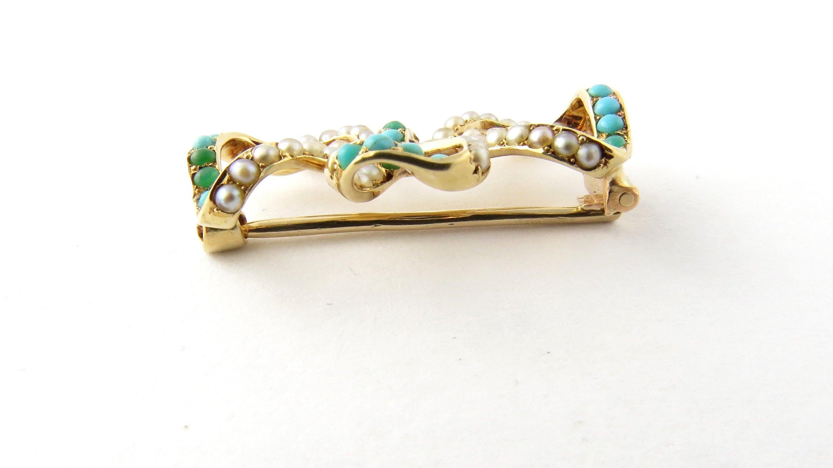 Vintage 14 Karat Yellow Gold Seed Pearl and Turquoise Bow Brooch/Pin
This exquisite brooch features a lovely bow detailed with 46 seed pearls and 22 turquoise stones. 
Size: 18 mm x 26 mm 
Weight: 1.9 dwt. / 3.1 gr. 
Acid tested for 14K gold. 
Very