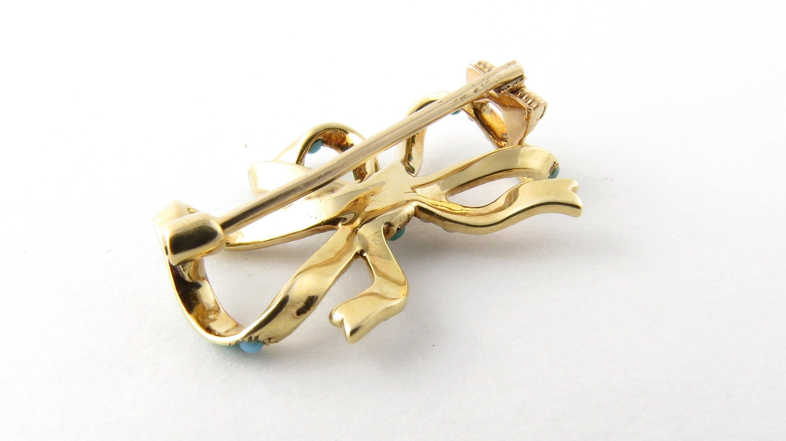 Women's 14 Karat Yellow Gold Seed Pearl and Turquoise Bow Brooch/Pin