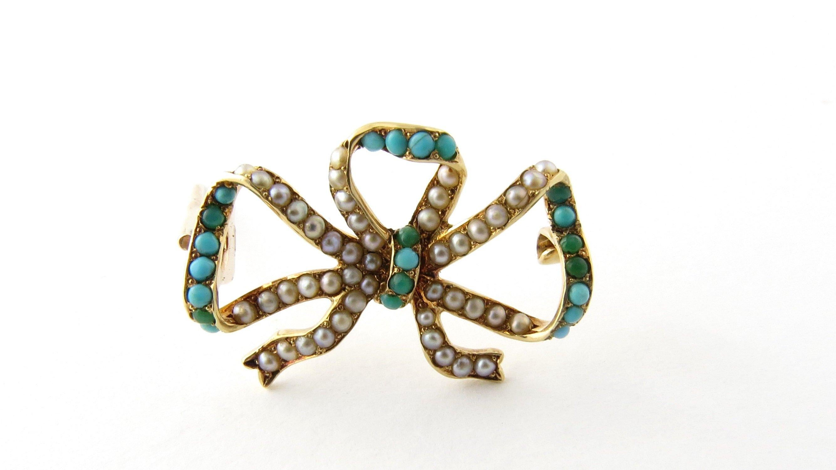14 Karat Yellow Gold Seed Pearl and Turquoise Bow Brooch/Pin 1