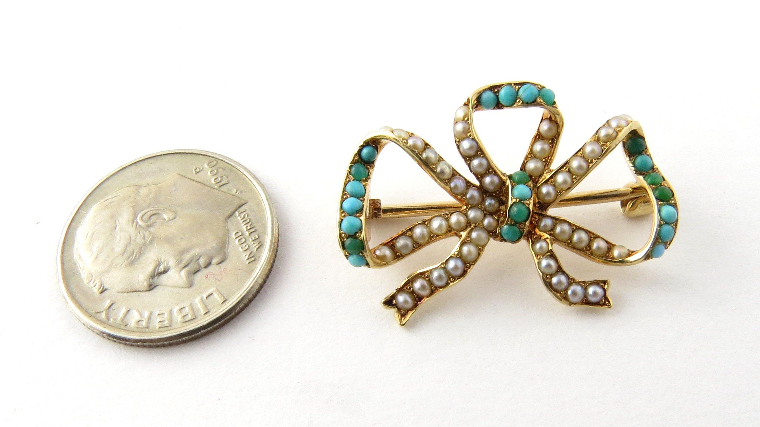14 Karat Yellow Gold Seed Pearl and Turquoise Bow Brooch/Pin 2
