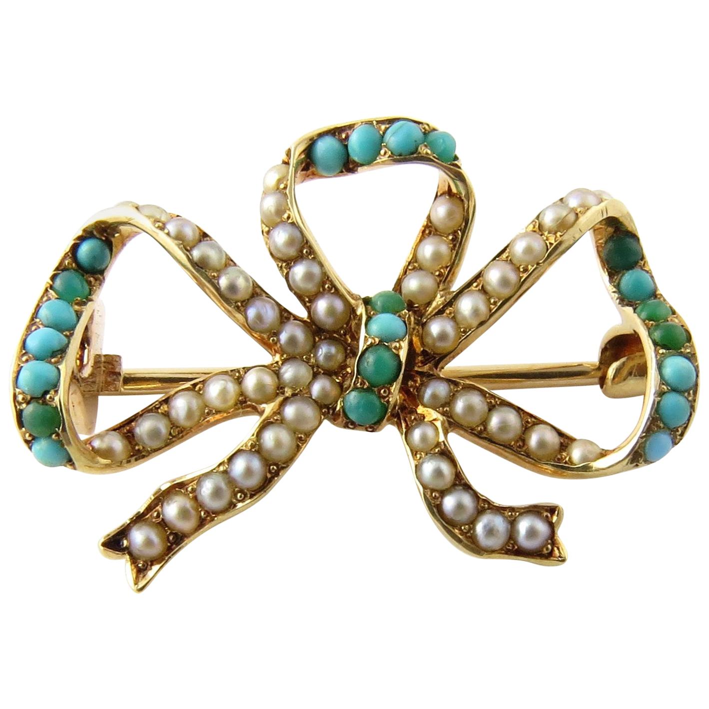 14 Karat Yellow Gold Seed Pearl and Turquoise Bow Brooch/Pin