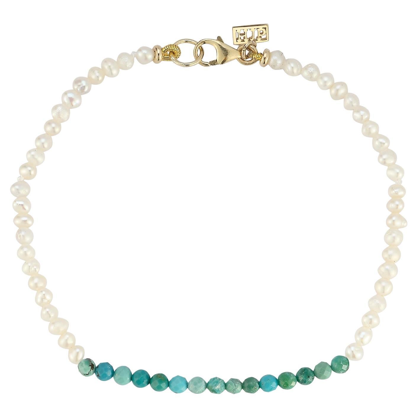 14 karat yellow gold seedpearl bracelet with turquoise stones Hi June Parker For Sale