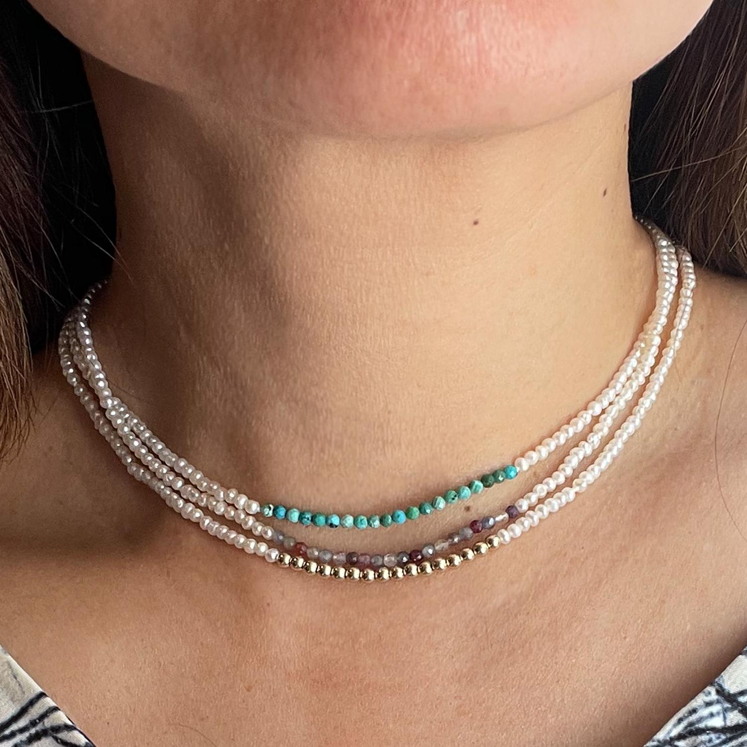 14 Karat Yellow Gold Seedpearl Choker with Turquoise Beads Hi June Parker In New Condition For Sale In New York, NY