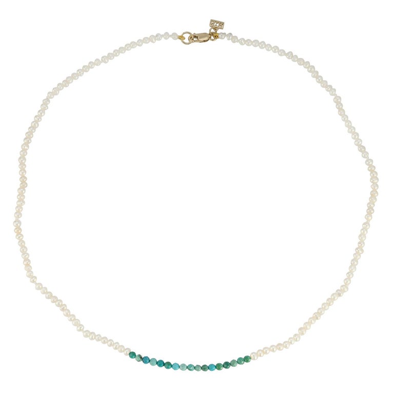 14 Karat Yellow Gold Seedpearl Choker with Turquoise Beads Hi June
