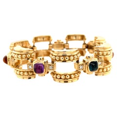 14 Karat Yellow Gold Semi Precious Gemstone Link Diamond Bracelet 74.3 Grams